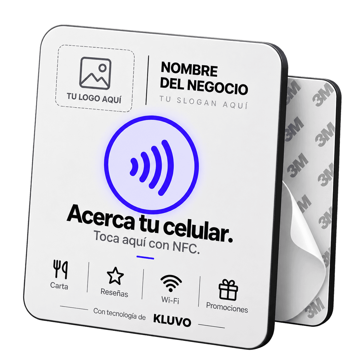 KLUVO TAP, placa NFC personalizable de 12 por 12 centímetros con adhesivo trasero