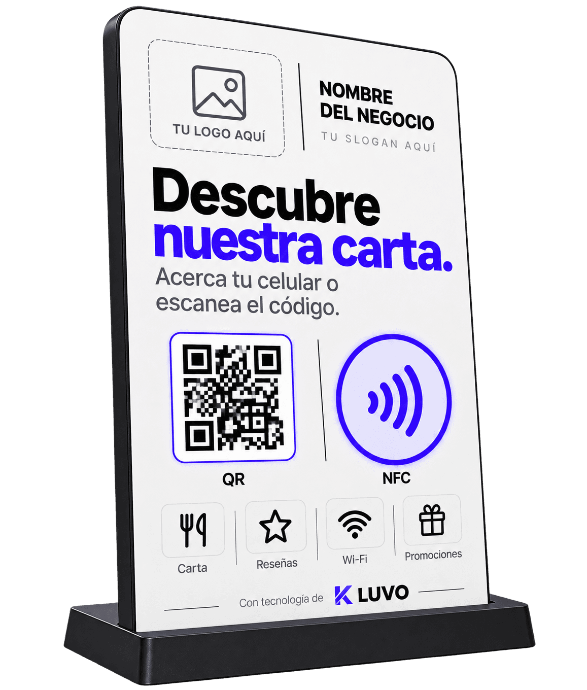 KLUVO TENT, exhibidor de mesa con base en T invertida, QR y NFC